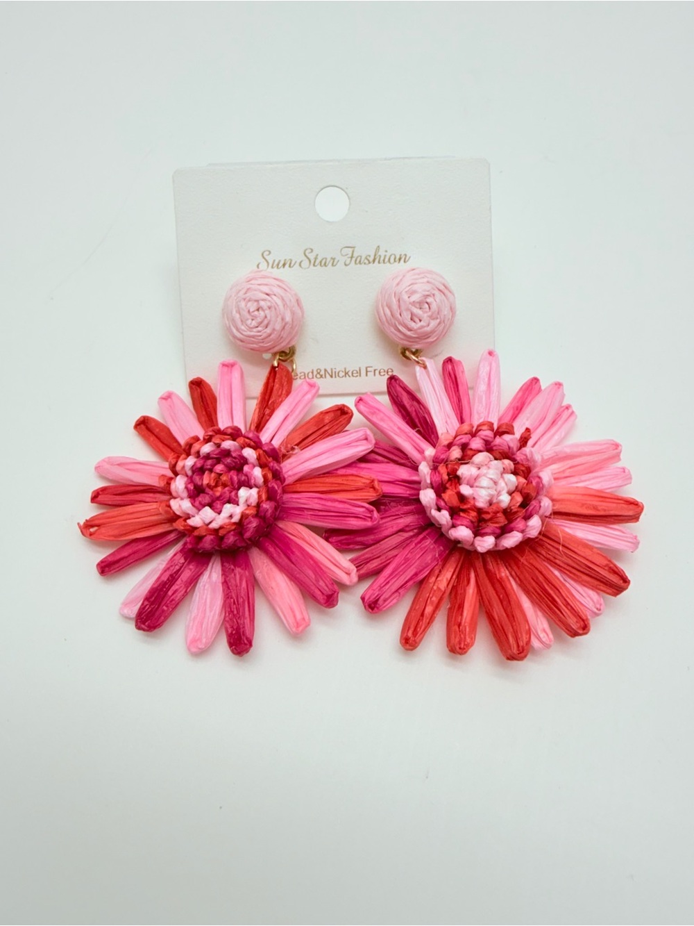 Pink & Red Floral Raffia Drop Earrings